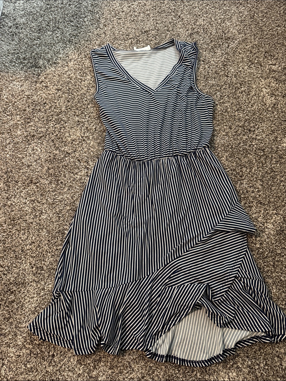 French Grey Navy and White Striped V-Neck Sleeveless Dress